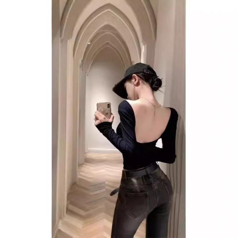 红学馆欧美风性感露背长袖修身T恤女U领打底LX衫显瘦带胸垫带防滑