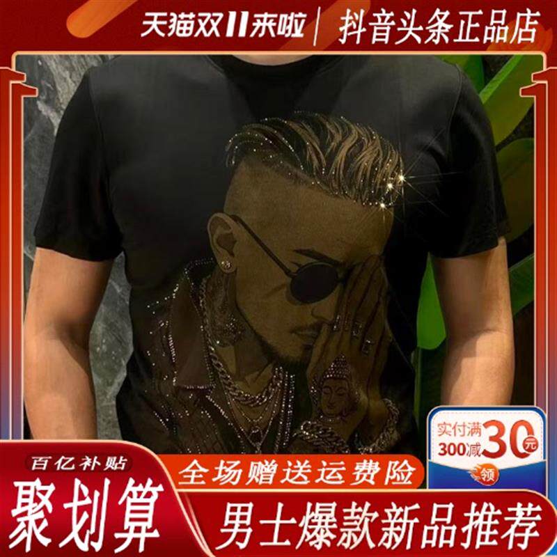 嘉画服饰2026烫钻印花男人头男士短袖T恤夏季休闲修身高品质圆领