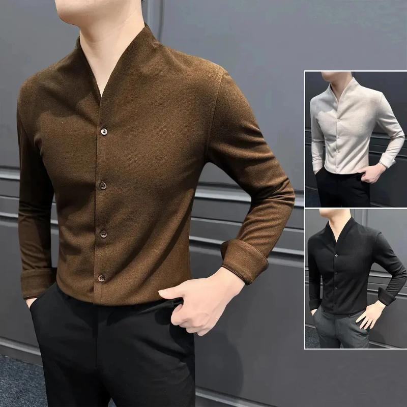 HQ轻奢严ZE选羊毛V领长袖衬衫男新中式立领中山装秋冬毛呢男士衬