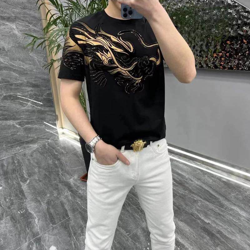 关山氏2短袖T恤男夏季新款轻奢高端烫钻圆领半袖时尚休闲百搭体恤