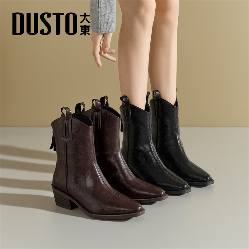大东官方尖头高跟短靴女款2025新款冬季西部牛仔靴加绒切尔西女靴