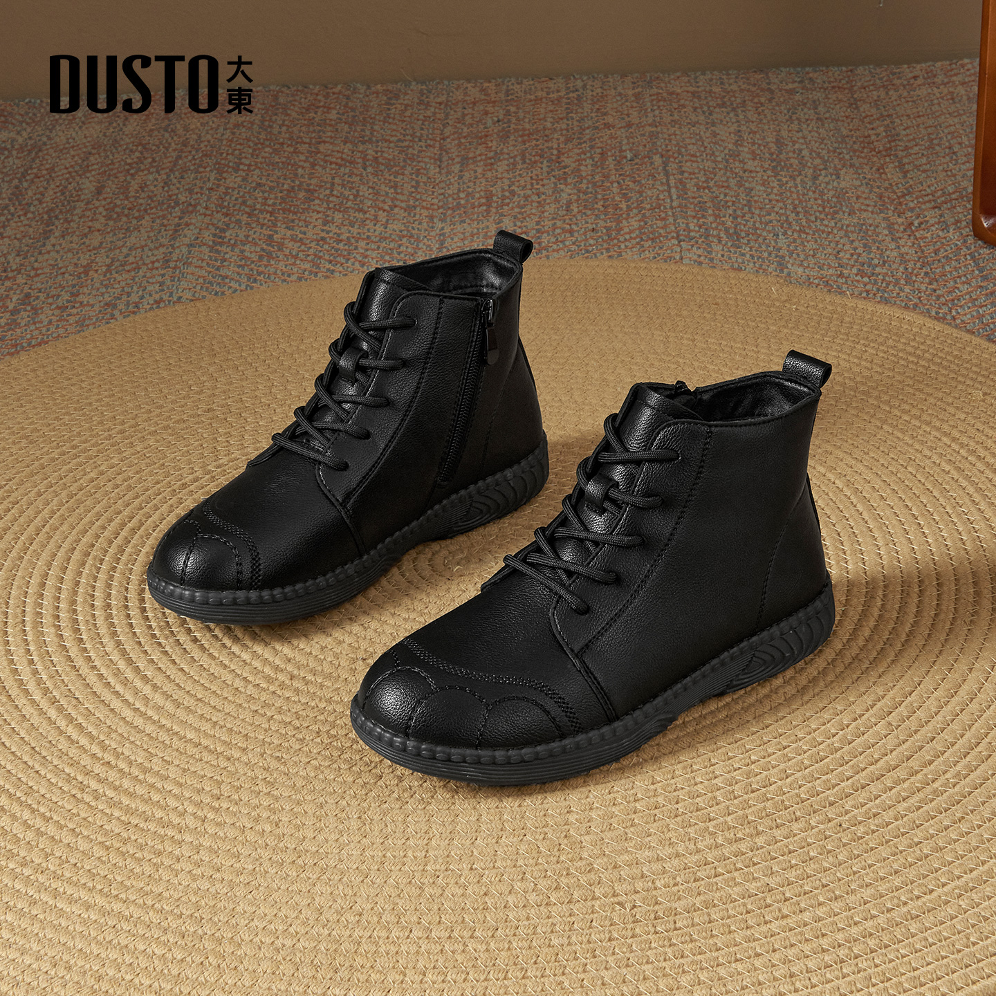 大东官方女士马丁靴女款2025新款冬季舒服短筒妈妈短靴女黑色皮靴