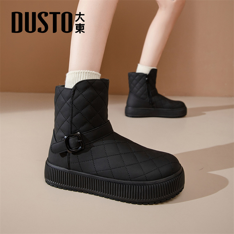 大东官方厚底雪地靴女2025新款冬季黑色加绒加厚棉鞋外穿保暖短靴