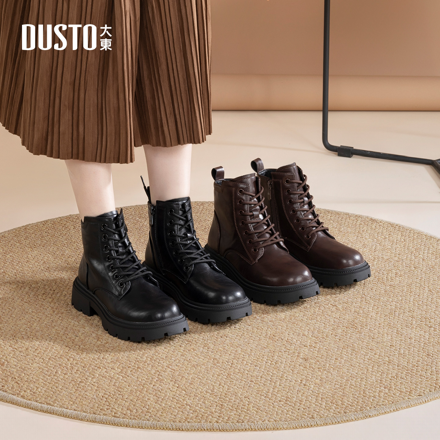 大东官方厚底英伦风马丁靴女款2025新款冬季靴子加绒配裙子的短靴