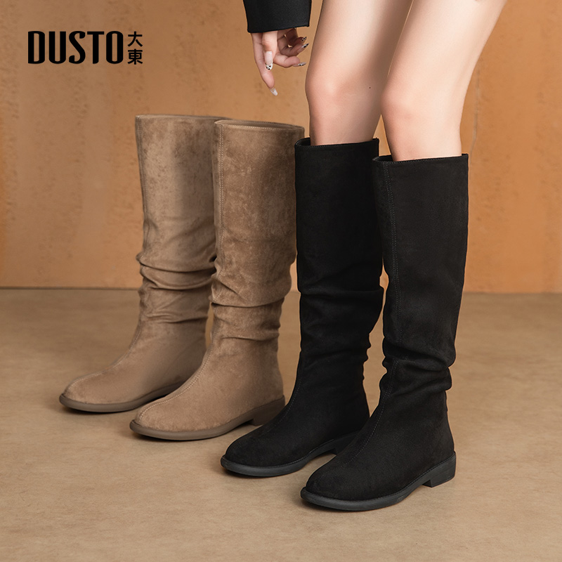 大东官方平底长筒靴女高级感2025新款秋冬复古堆堆靴显瘦不过膝靴