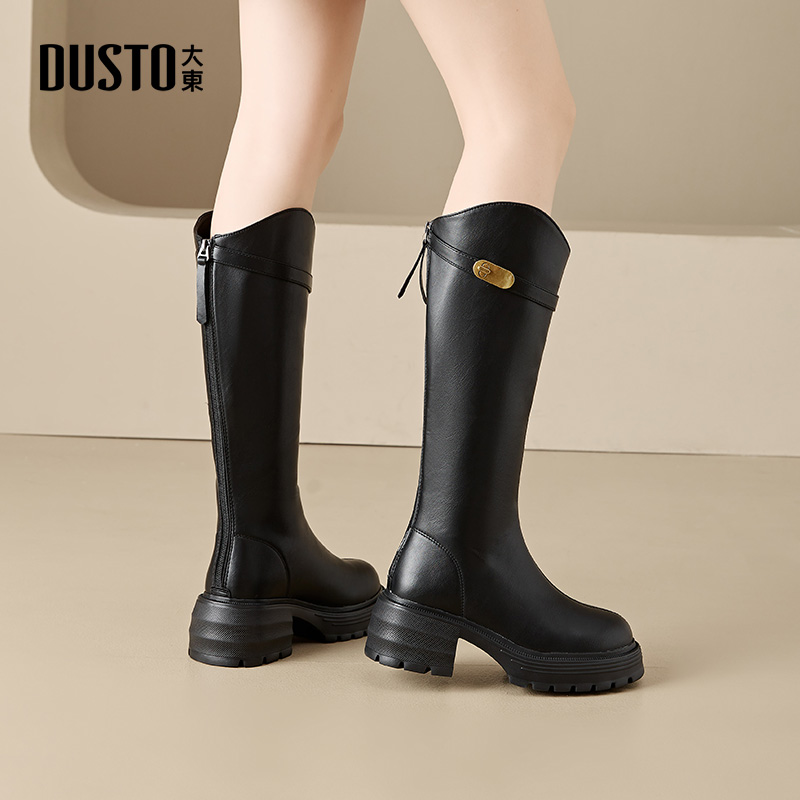 大东官方厚底长筒靴女2025新款冬季爆款小个子黑色长靴高筒骑士靴
