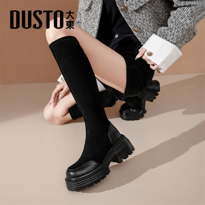 大东加绒厚底不过膝长靴女2025新款冬季靴子黑色增高长筒靴弹力靴