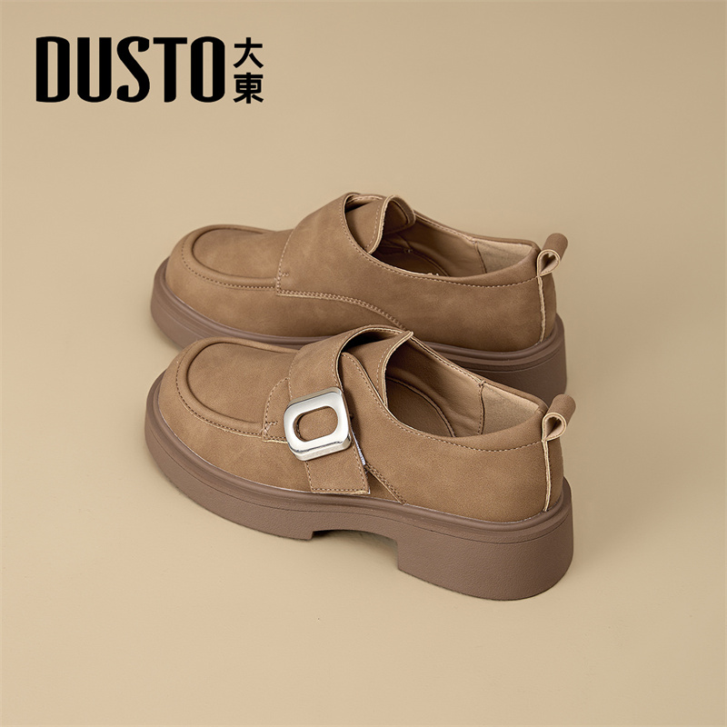 大东复古乐福鞋女2025新款秋冬百搭软底棕色小皮鞋一脚蹬粗跟单鞋