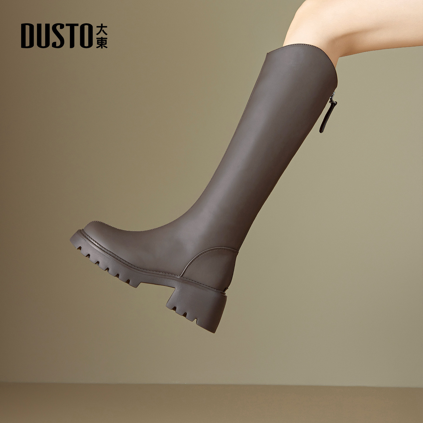 大东官方加绒咖色长筒靴女款2025新款冬季小个子靴子厚底高筒长靴