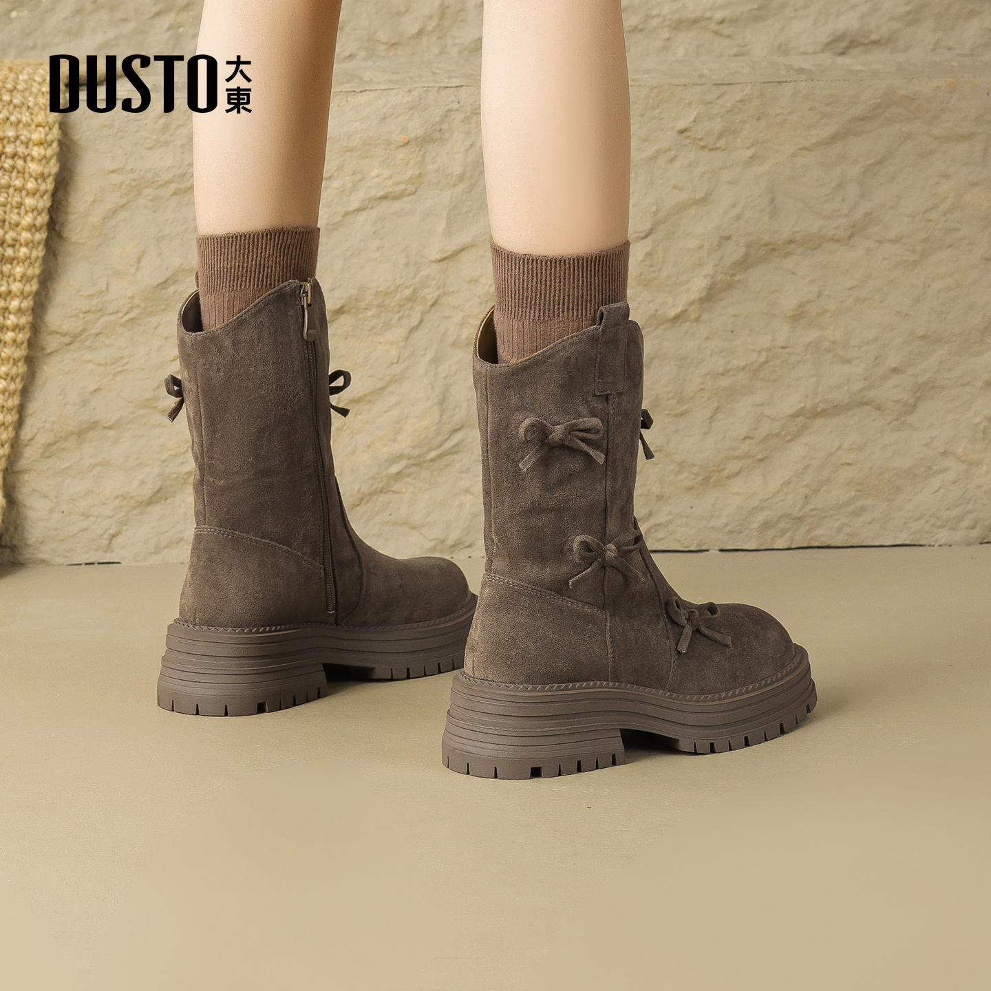 大东蝴蝶结厚底短靴女2025新款冬季加绒美拉德靴子马丁靴西部靴女