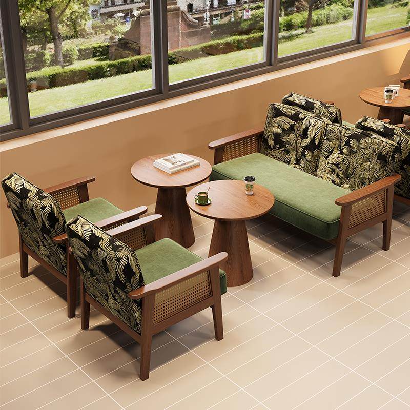 中古实木沙发椅单人双人咖啡厅商用休闲卡座沙发酒吧酒馆桌椅组合