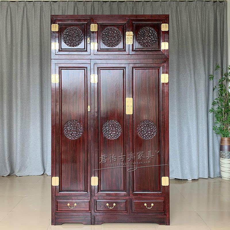 香樟木衣柜中式顶箱柜卧室三门衣橱大容量挂衣立柜雕花储物柜防潮