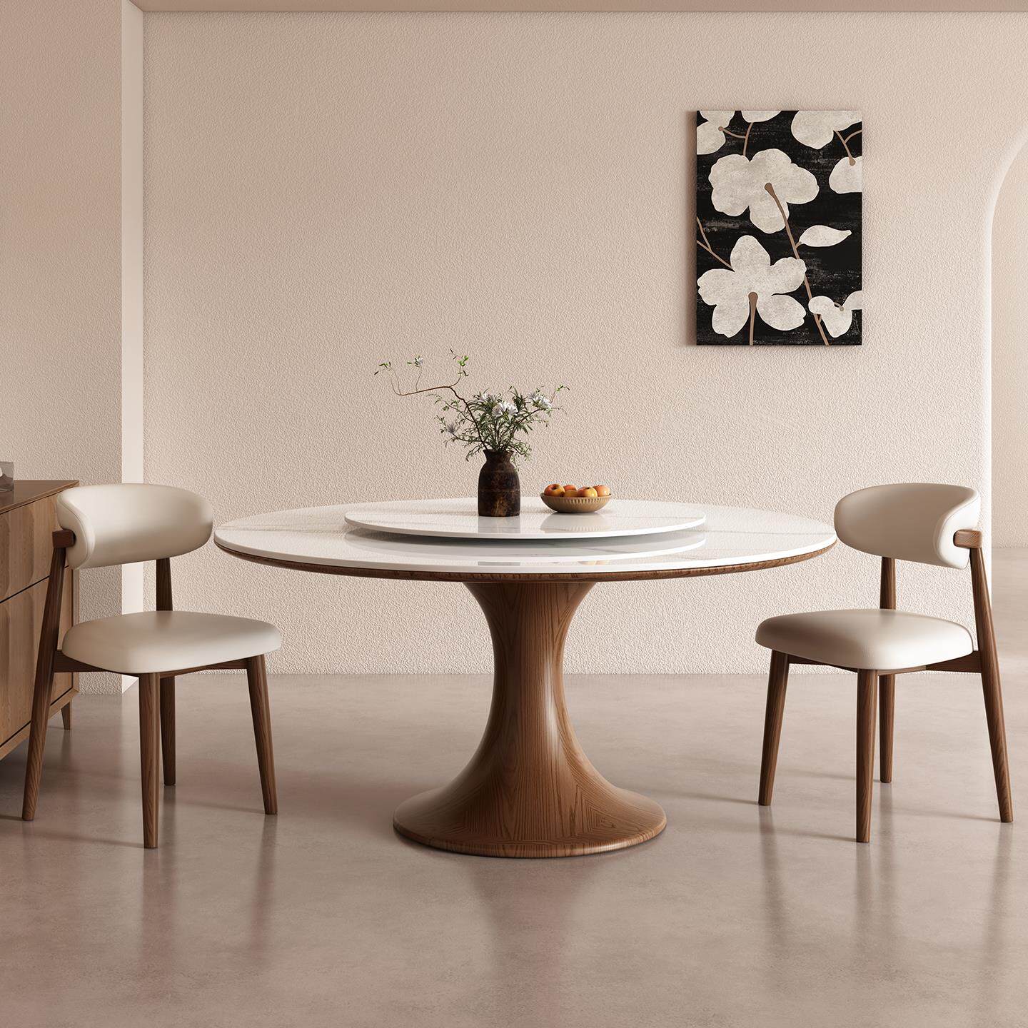 北欧实木餐桌圆形带转盘6人家用现代简约意式岩板圆餐桌吃饭桌子