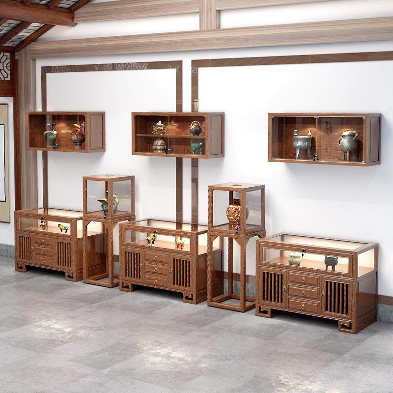 实木珠宝展示柜玉器首饰货柜新中式翡翠陈列柜榆木玻璃展示柜台