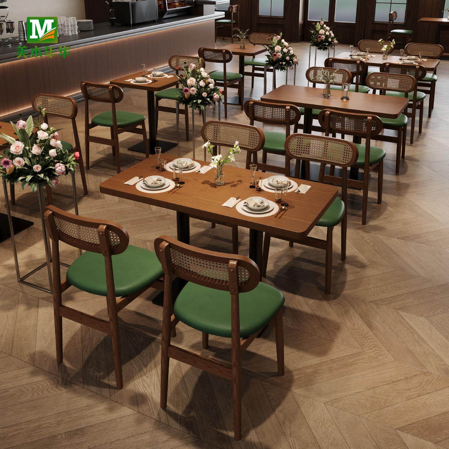 烧烤店桌椅组合商用小吃快餐饭店面馆餐厅实木餐桌奶茶咖啡厅卡座