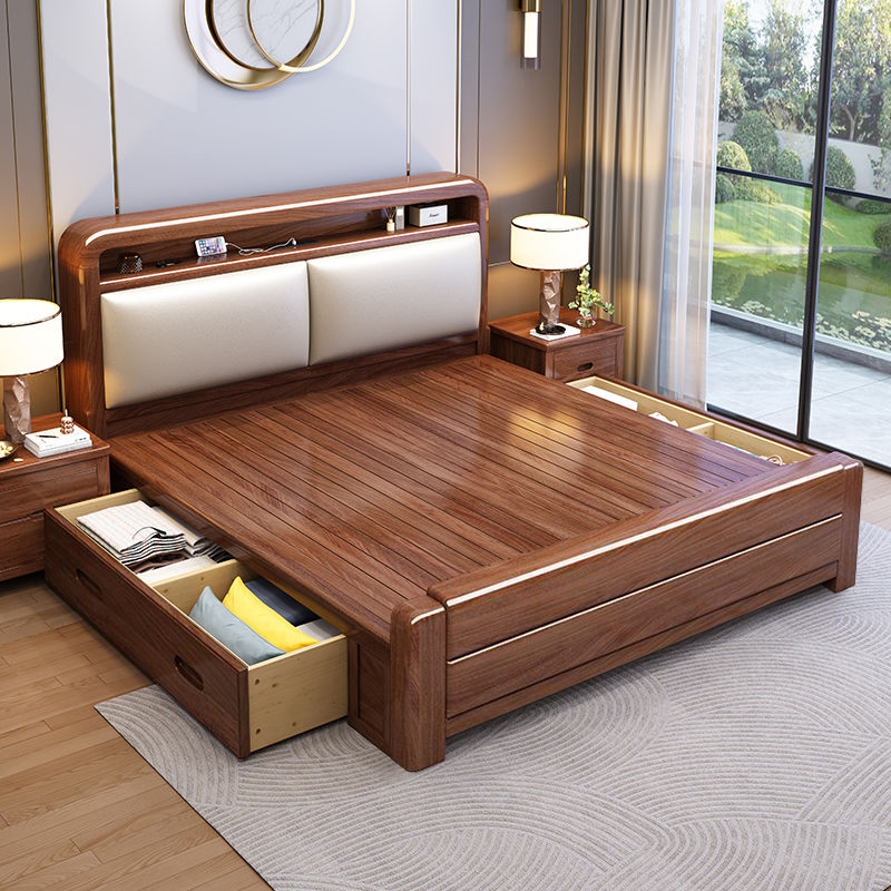穗宝中式全实木床家用1米8双人大床卧室真皮软包胡桃木抽屉高箱储