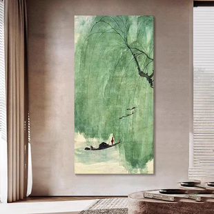新中式柳树玄关走廊装饰画抽象绿色肌理客厅壁画一叶扁舟书房挂画