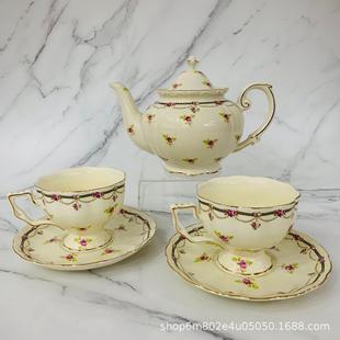 复古金边奶油色宫廷风碎花下午茶陶瓷咖啡杯碟大口奶茶杯茶壶 法式