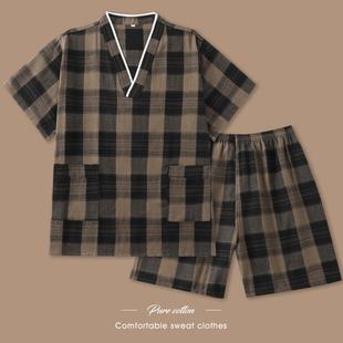 新款 桑拿浴服女全棉家居按摩足浴衣服客人格子 汗蒸服高档大码 男士