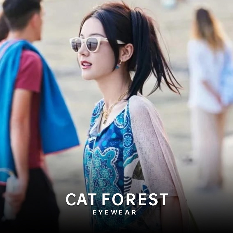 迪丽热巴花少同款复古白框墨镜女高级感猫眼太阳镜带度数防紫外线