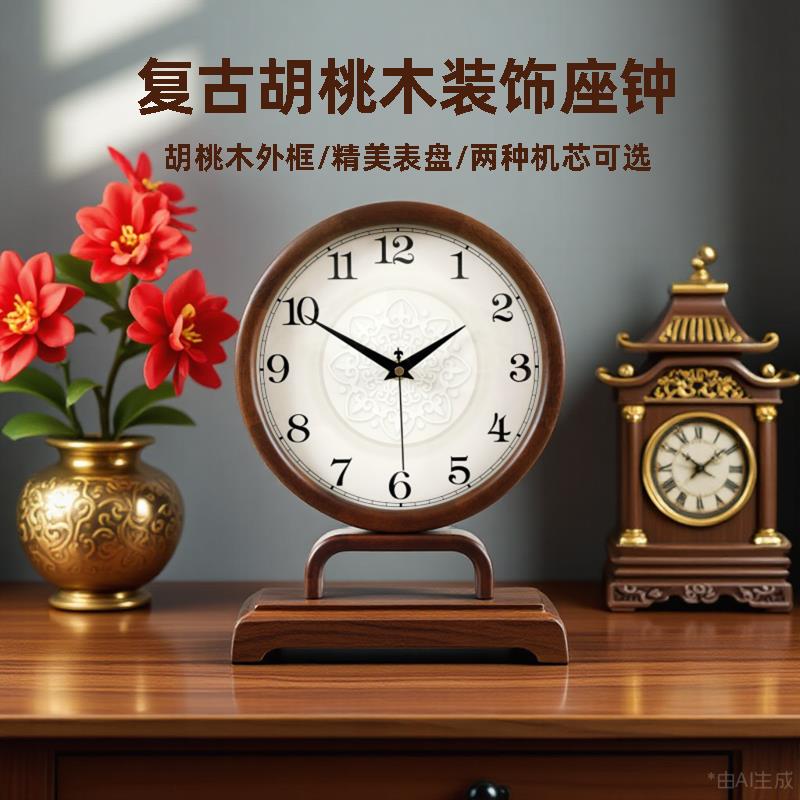 汉时中式简约胡桃木桌面摆件时钟客厅高档装饰座钟家用钟表 HD515