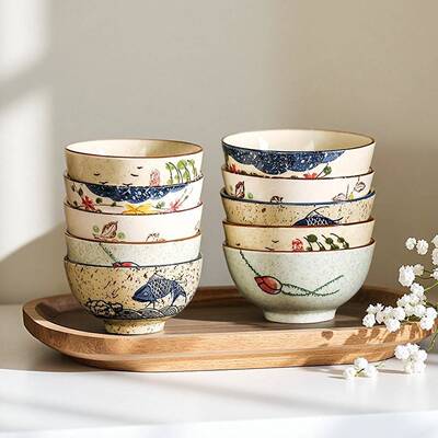 复古陶瓷碗家用饭碗个人小碗汤碗日式吃饭碗好看釉下彩碗具