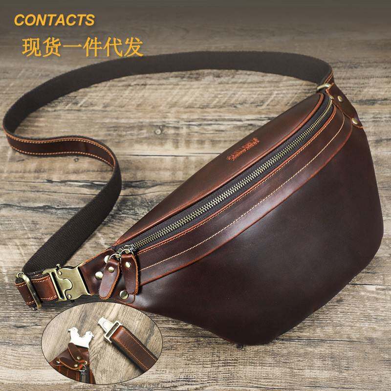 黑天使复古疯马牛皮大容量多功能腰包男款时尚真皮男士腰包手机包