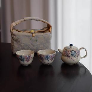 手绘壶球孔釉下彩功夫茶具茶壶家用组合旅行茶具布包便携一壶二杯