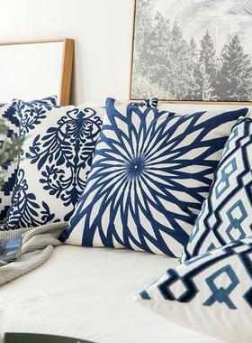 Home Decor Embroidered Cushion Cover Navy Blue/White Geomet