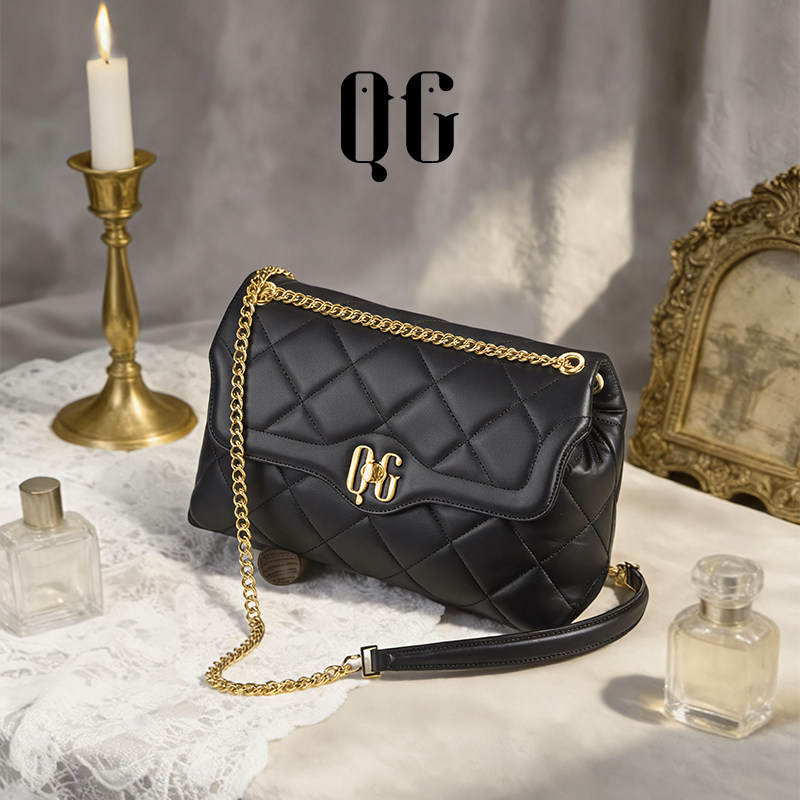 QG包包女2026新款头层牛皮小香风菱格纹链条包女单肩斜挎女包
