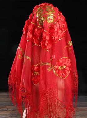 新娘出嫁盖头红色结婚婚礼蒙头巾透明中式网纱喜字婚庆头纱红盖头