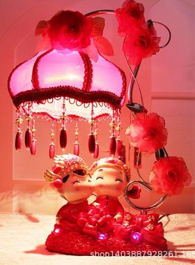 创意大号百年好合铁艺浪漫中式树脂布艺台灯 新婚卧室床头灯红色