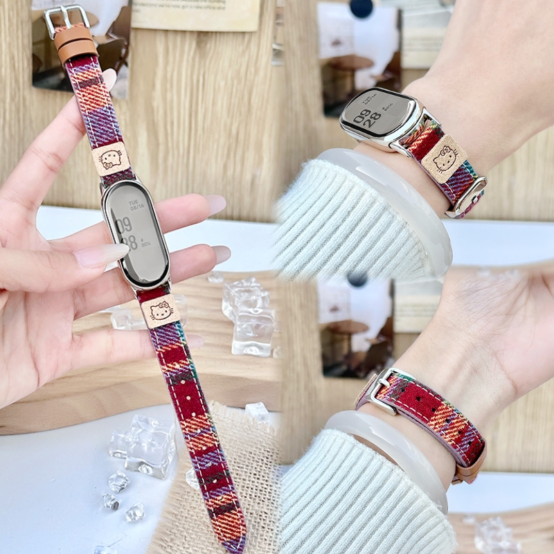 适用小米手环9/10表带皮质彩虹凯蒂8代替换链7nfc可爱女生3/4/5/6腕带8pro/9pro新年红hellokitty陶瓷版配件