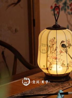 宋代美学台灯充电手提茶室手绘花鸟气氛灯新中式禅意书房台灯摆件