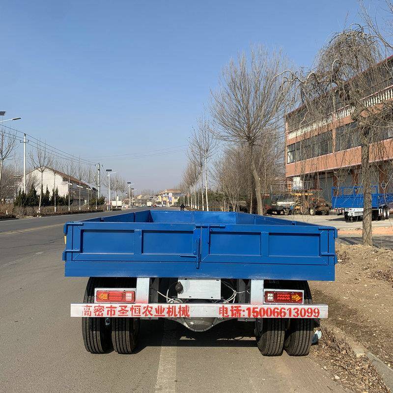 蓝色重型围栏平板挂车四轮栏杆式货物运输车厂区物料周转拖车
