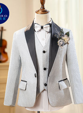 男童小西服套装银色亮片儿童西装男生主持人走秀大童钢琴演出礼服