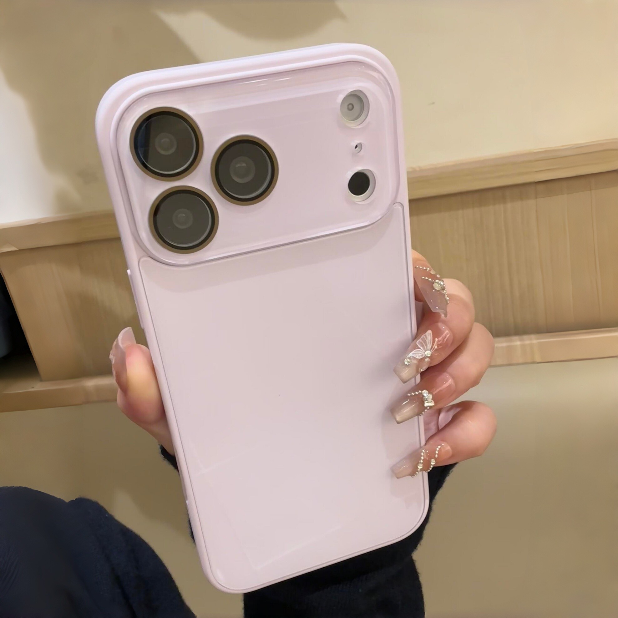 水晶镜头冰感玻璃适用苹果17promax手机壳iPhone16/15promax高级感纯色温柔粉14/13亮面耐脏简约男女款奢华粉