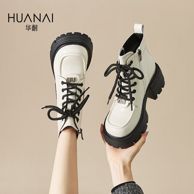 华耐白色马丁靴秋冬女2024新款爆款短靴小个子增高英伦风加绒女鞋