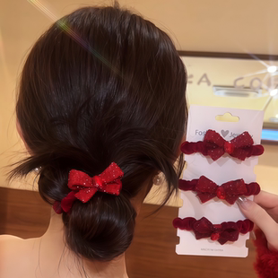 新年红色水钻蝴蝶结发圈女丸子头头绳马尾皮筋头花本命年过年头饰