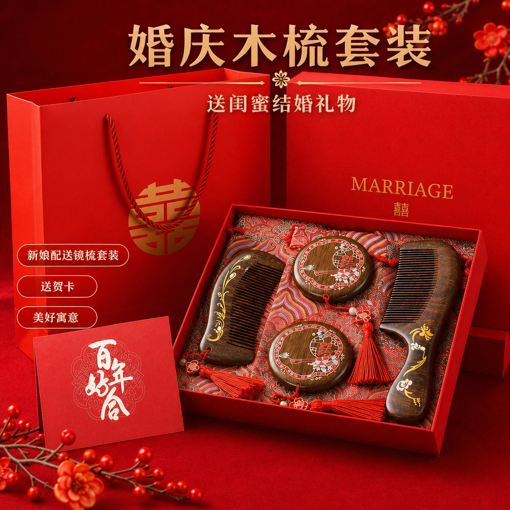 新婚礼物新娘闺蜜陪嫁妆订婚对梳结婚梳子镜子一对檀木梳礼盒套装