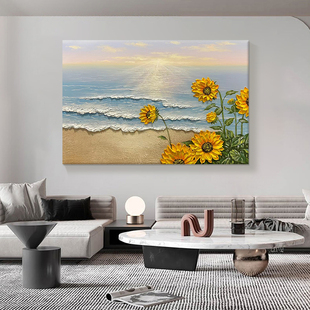 大芬村向日葵手绘油画客厅海上日出风景装饰画玄关浪花厚肌理挂画