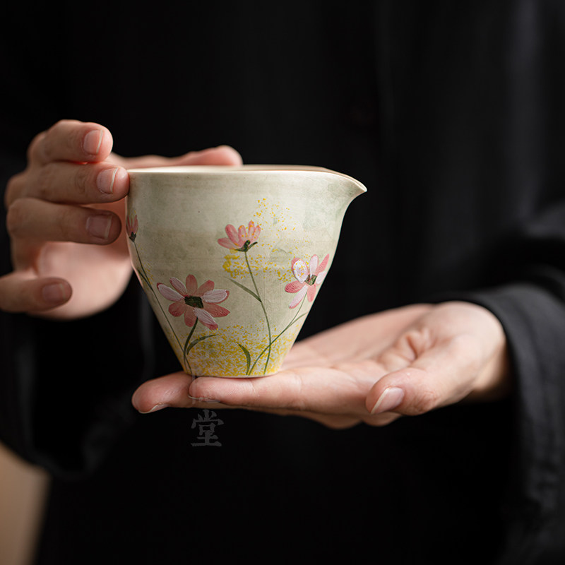 圭隐堂粉引手绘格桑花陶瓷公道杯家用公杯泡茶杯匀茶杯分茶器茶海