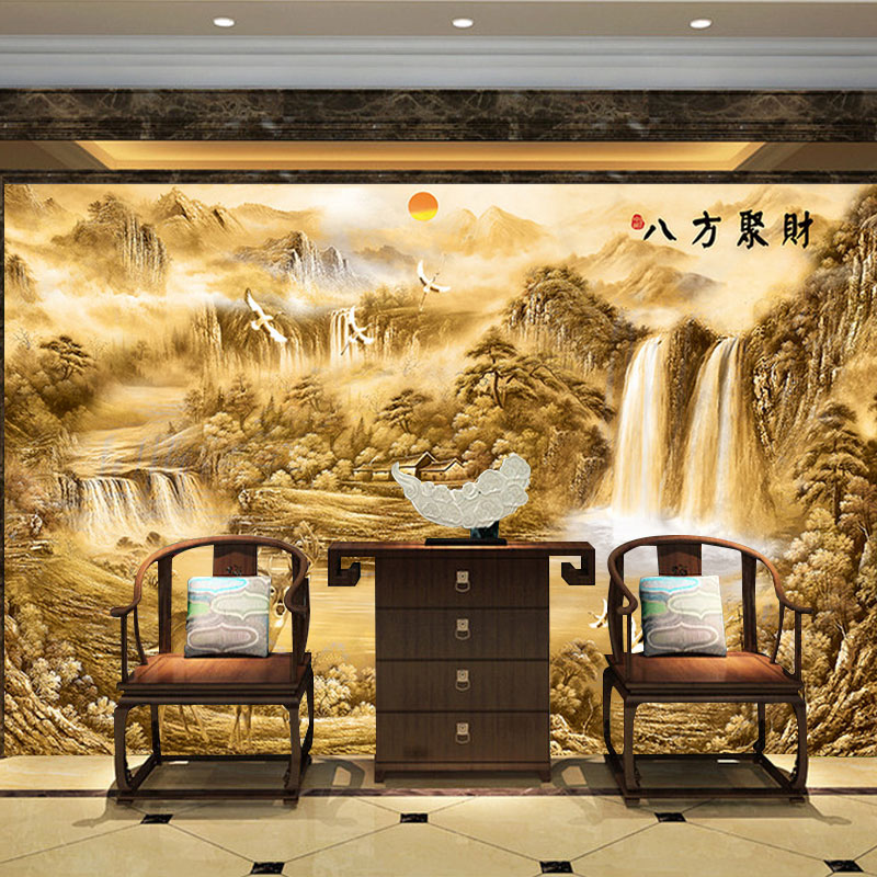 3D浮雕中式山水画风景办公室墙纸5d壁画客厅电视背景墙壁纸墙布