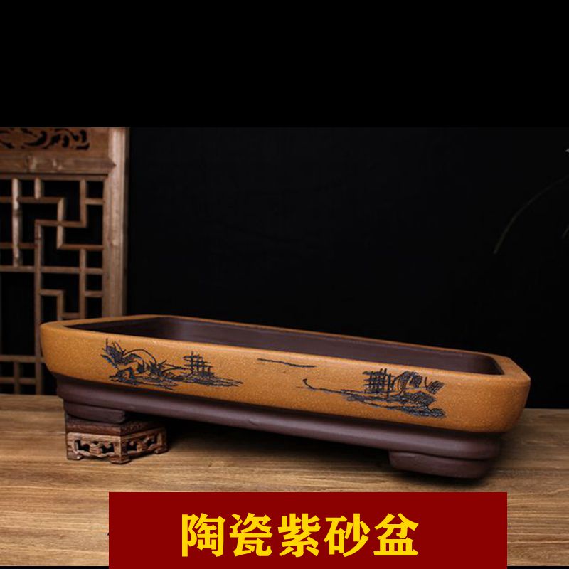 紫砂浅盆无孔水盘假山吸水石丛林大榕树盆景盆多肉植物拼盘老桩盆