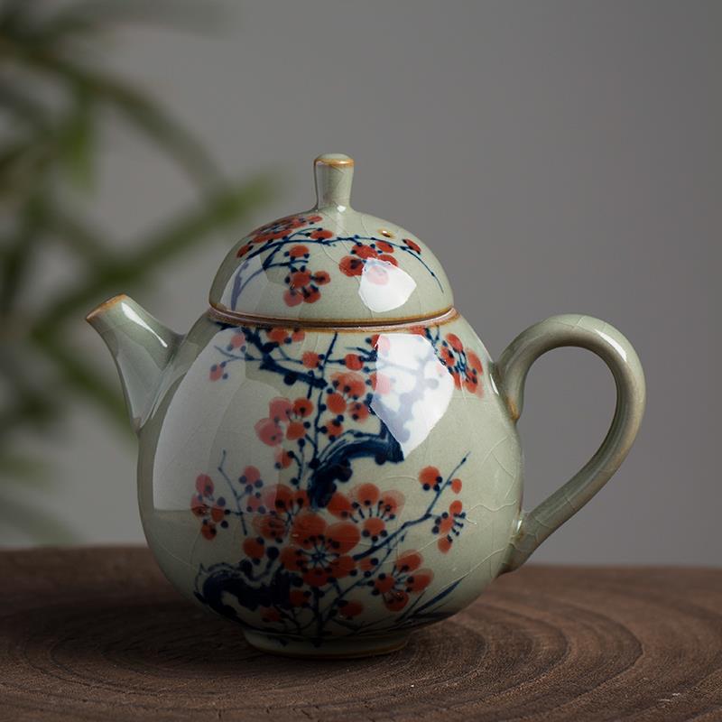 老陶泥柴窑手绘梅花茶壶泡茶纯手工青花釉下彩开片景德镇陶瓷柴烧