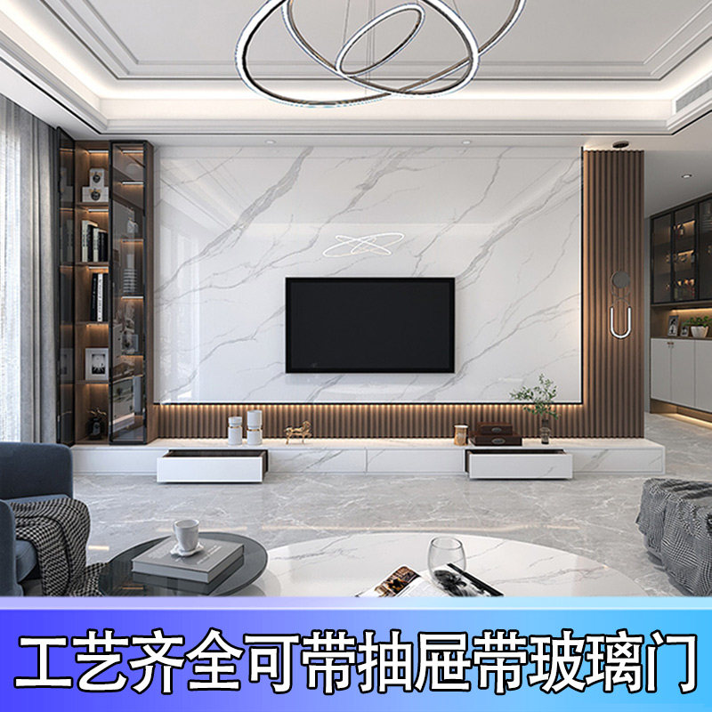 2023新款岩板电视背景墙瓷砖装饰悬空柜轻奢现代大理石客厅影视墙