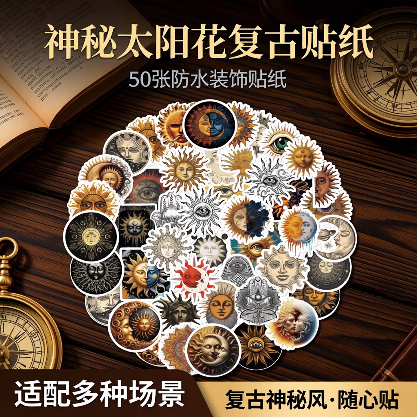 50张神秘太阳花复古风装饰贴纸