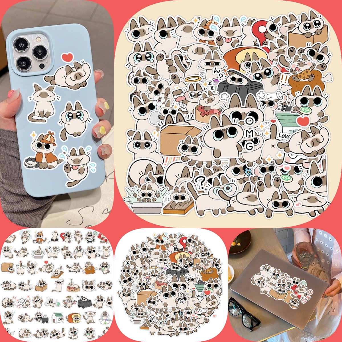 60张暹罗猫可爱卡通贴纸Q版小猫喵星人挂件周边玩偶盲盒防水装饰diy贴画手帐本水杯手机壳笔记本电脑平板贴纸,3C数码配件,笔记本个性小贴纸,淘宝优惠券,粉丝福利购,淘宝优惠卷