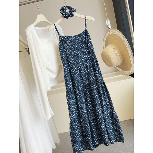 藏青碎花吊带连衣裙女夏