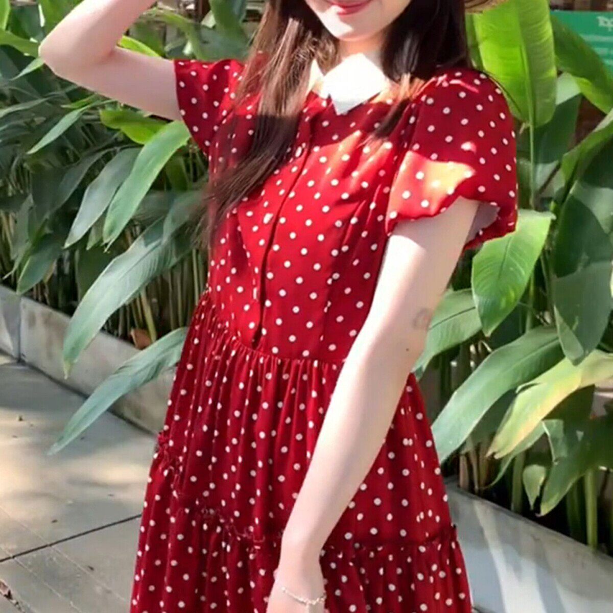 赫本风红色波点洋装女202